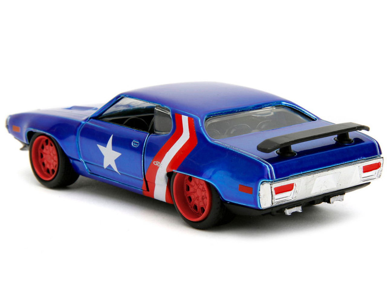 1972 Plymouth GTX Candy Blue with Red and White Stripes and Captain America Diecast Figure "The Avengers" "Hollywood Rides" Series 1/32 Diecast Model Car by Jada