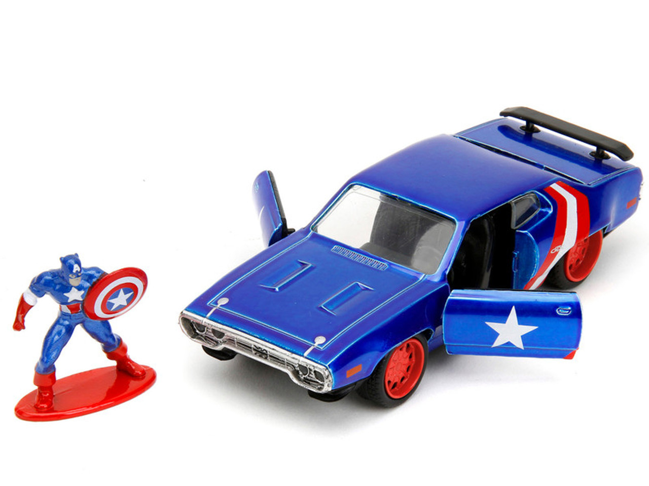 1972 Plymouth GTX Candy Blue with Red and White Stripes and Captain America Diecast Figure "The Avengers" "Hollywood Rides" Series 1/32 Diecast Model Car by Jada