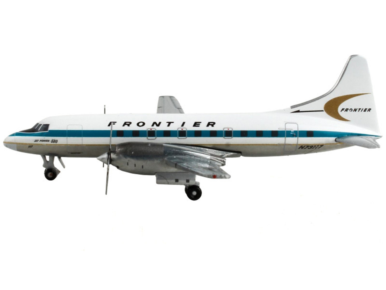 Convair CV-580 Commercial Aircraft "Frontier Airlines" White with Teal Stripes 1/400 Diecast Model Airplane by GeminiJets