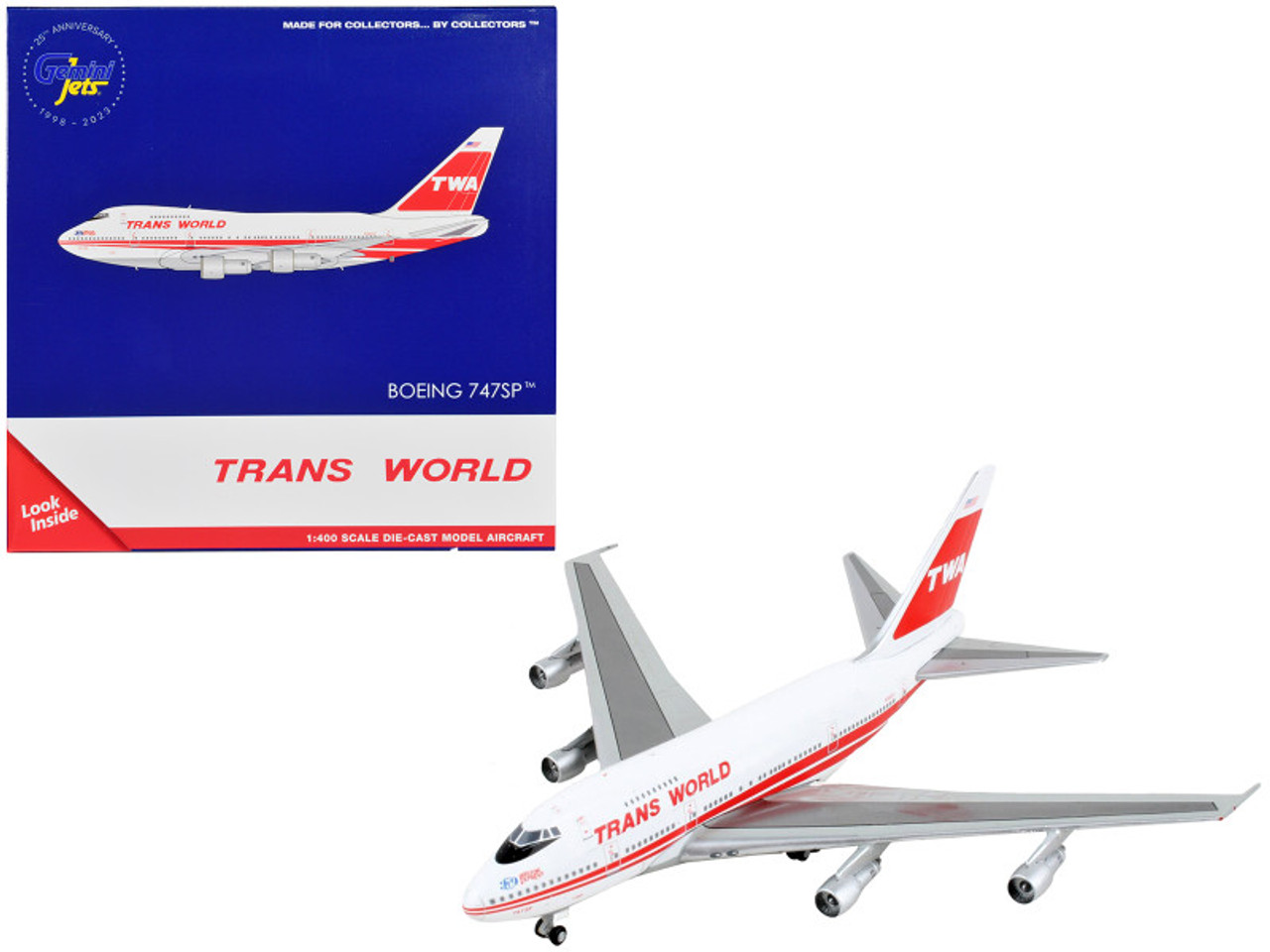 Boeing 747SP Commercial Aircraft "Trans World Airlines - Boston Express" White with Red Stripes 1/400 Diecast Model Airplane by GeminiJets