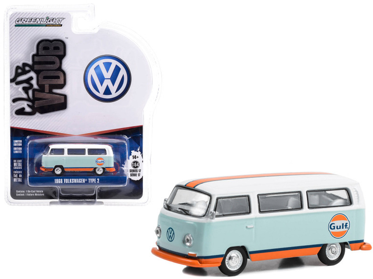 1968 Volkswagen Type 2 (T2) Bus Light Blue with White Top and Orange  Stripes 