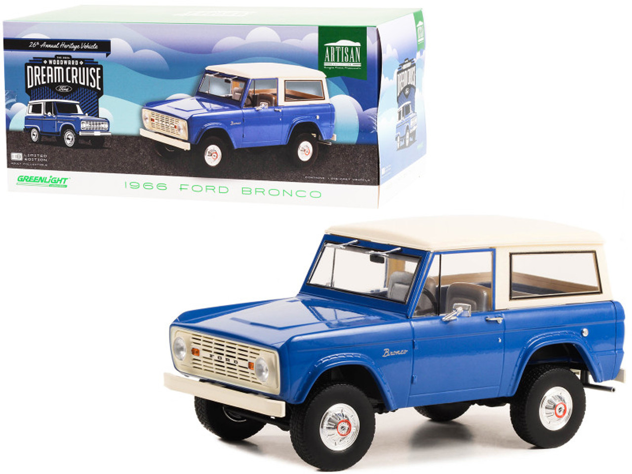 1966 Ford Bronco Blue with Cream Top "26th Annual Woodward Dream Cruise Featured Heritage Vehicle" "Artisan Collection" 1/18 Diecast Model Car by Greenlight