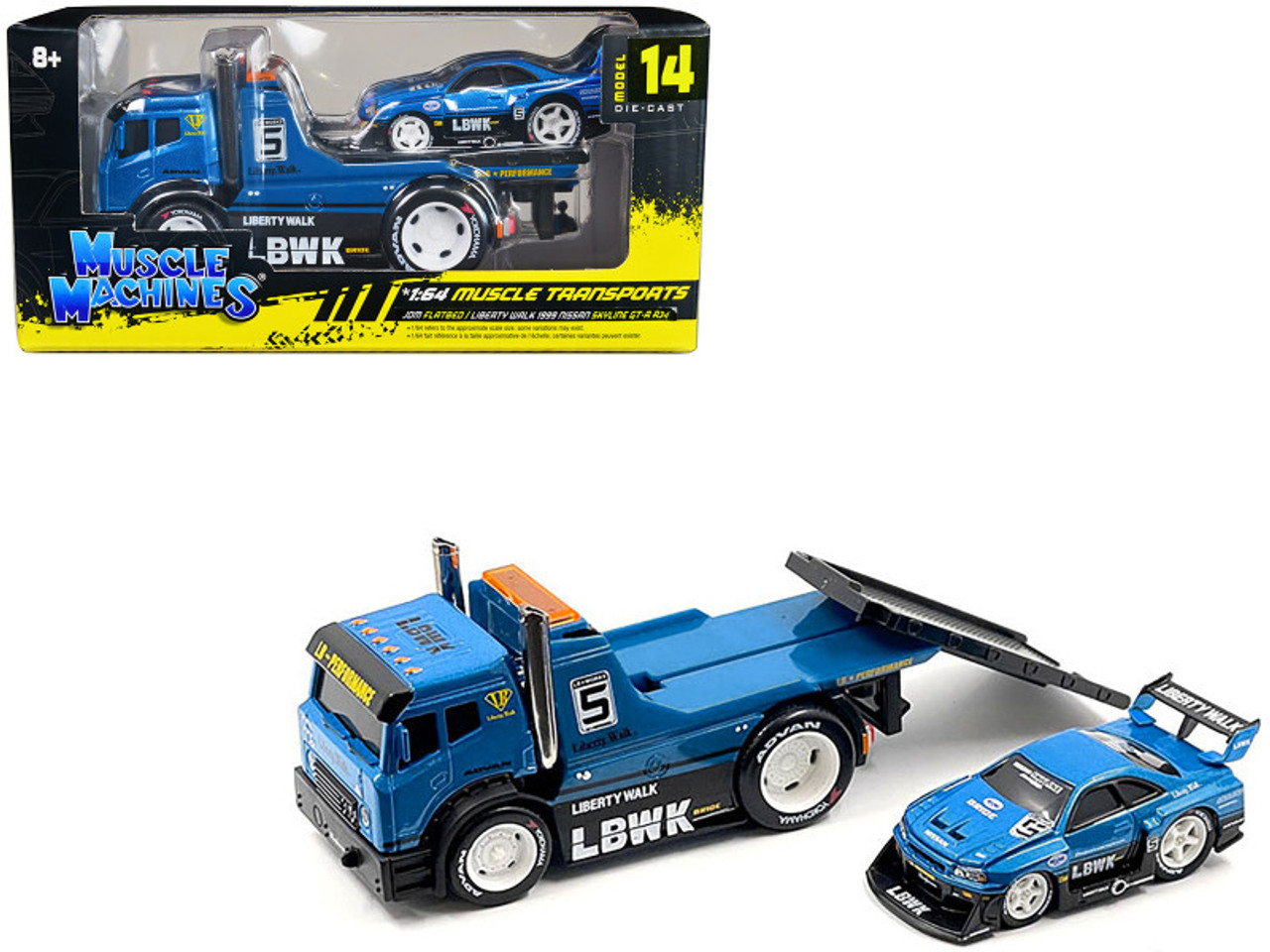 JDM Flatbed Truck #5 Blue Metallic "Liberty Walk (LBWK)" and 1999 Nissan Skyline GT-R (R34) #5 Blue Metallic "Liberty Walk (LBWK)" "Muscle Transports" Series 1/64 Diecast Models by Muscle Machines