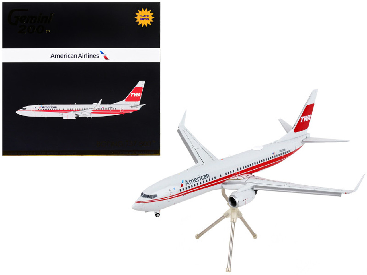 Boeing 737-800 Commercial Aircraft with Flaps Down "American Airlines - Trans World Airlines" Gray with Red Stripes "Gemini 200" Series 1/200 Diecast Model Airplane by GeminiJets