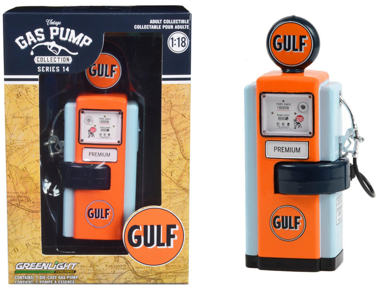 1948 Wayne 100-A Gas Pump "Gulf Oil" Orange and Light Blue "Vintage Gas Pumps" Series 14 1/18 Diecast Replica by Greenlight