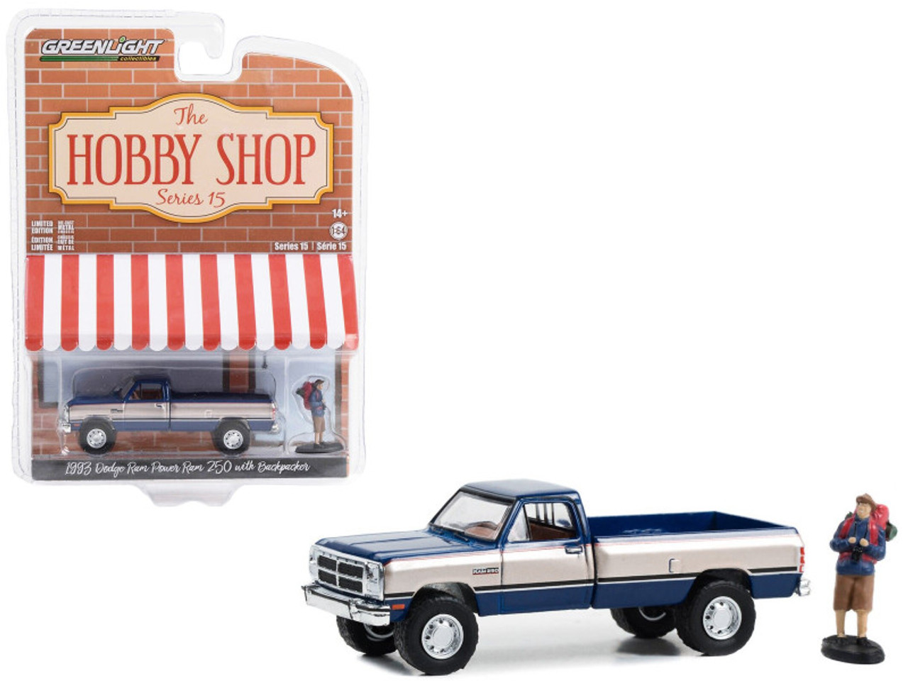 1993 Dodge Ram Power Ram 250 Pickup Truck Blue and Silver Metallic with Backpacker Figure "The Hobby Shop" Series 15 1/64 Diecast Model Car by Greenlight