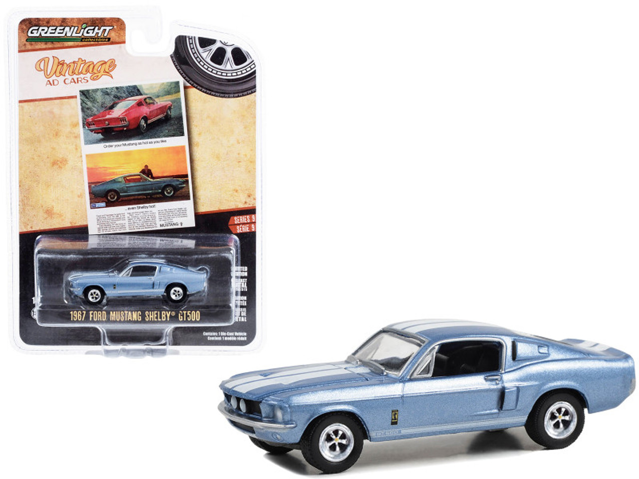 1967 Ford Mustang Shelby GT500 Light Blue Metallic with White Stripes "Order Your Mustang As Hot As You Like… Even Shelby Hot!" "Vintage Ad Cars" Series 9 1/64 Diecast Model Car by Greenlight