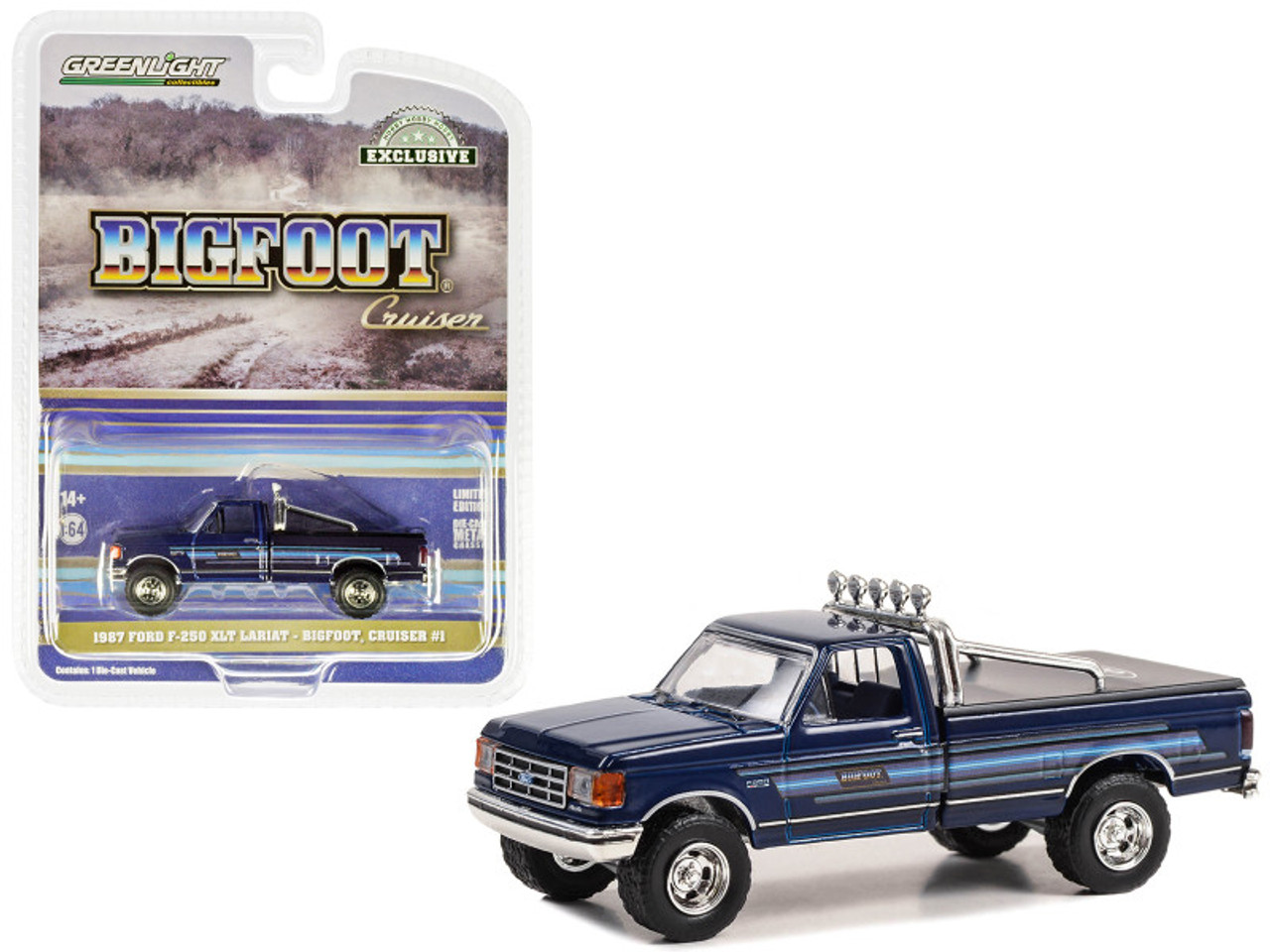 1987 Ford F-250 XLT Lariat Pickup Truck Blue with Stripes and Blue Interior "Bigfoot Cruiser #1" "Hobby Exclusive" Series 1/64 Diecast Model Car by Greenlight