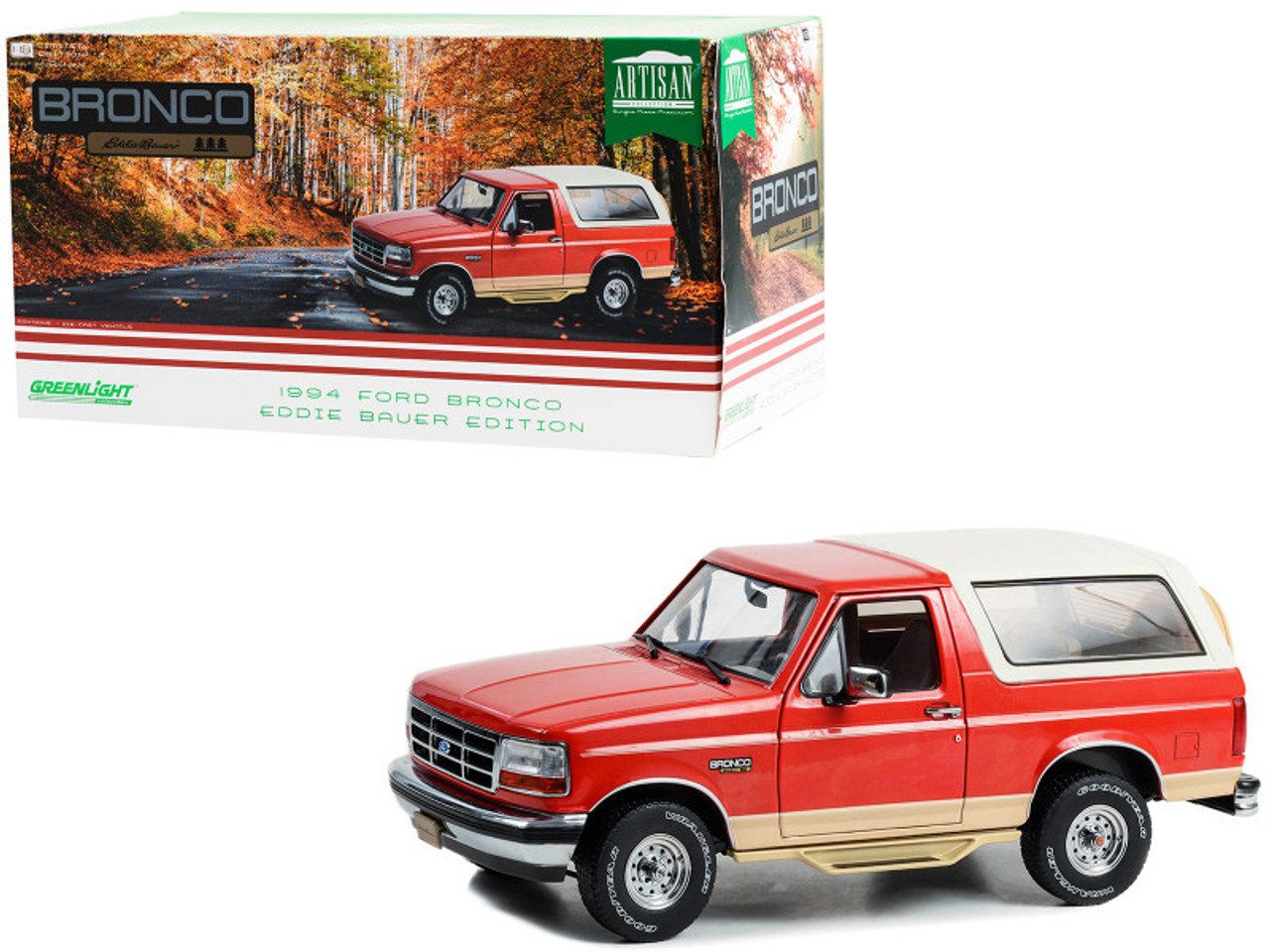1994 Ford Bronco "Eddie Bauer Edition" Electric Red Metallic and Tucson Bronze with White Top "Artisan Collection 1/18 Diecast Model Car by Greenlight
