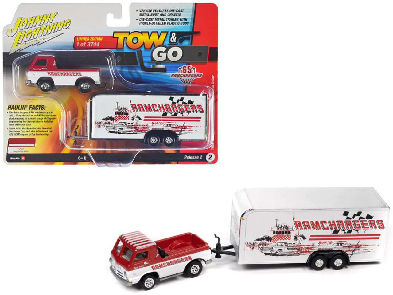 1965 Dodge A-100 Pickup Truck Red and White with Enclosed Car Trailer "Ramchargers" "Tow & Go" Series Limited Edition to 3744 pieces Worldwide 1/64 Diecast Model Car by Johnny Lightning