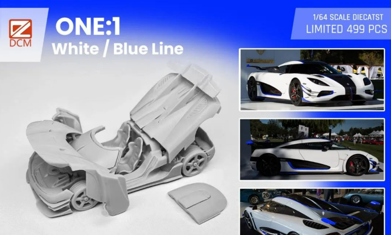 1/64 DCM Koenigsegg ONE:1 (White with Blue Line) Full Open Diecast Car Model
