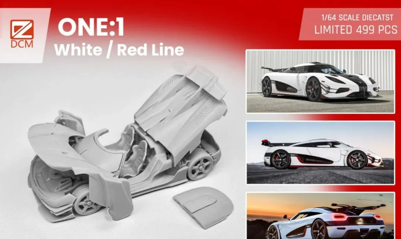 1/64 DCM Koenigsegg ONE:1 (White with Red Line) Full Open Diecast Car Model