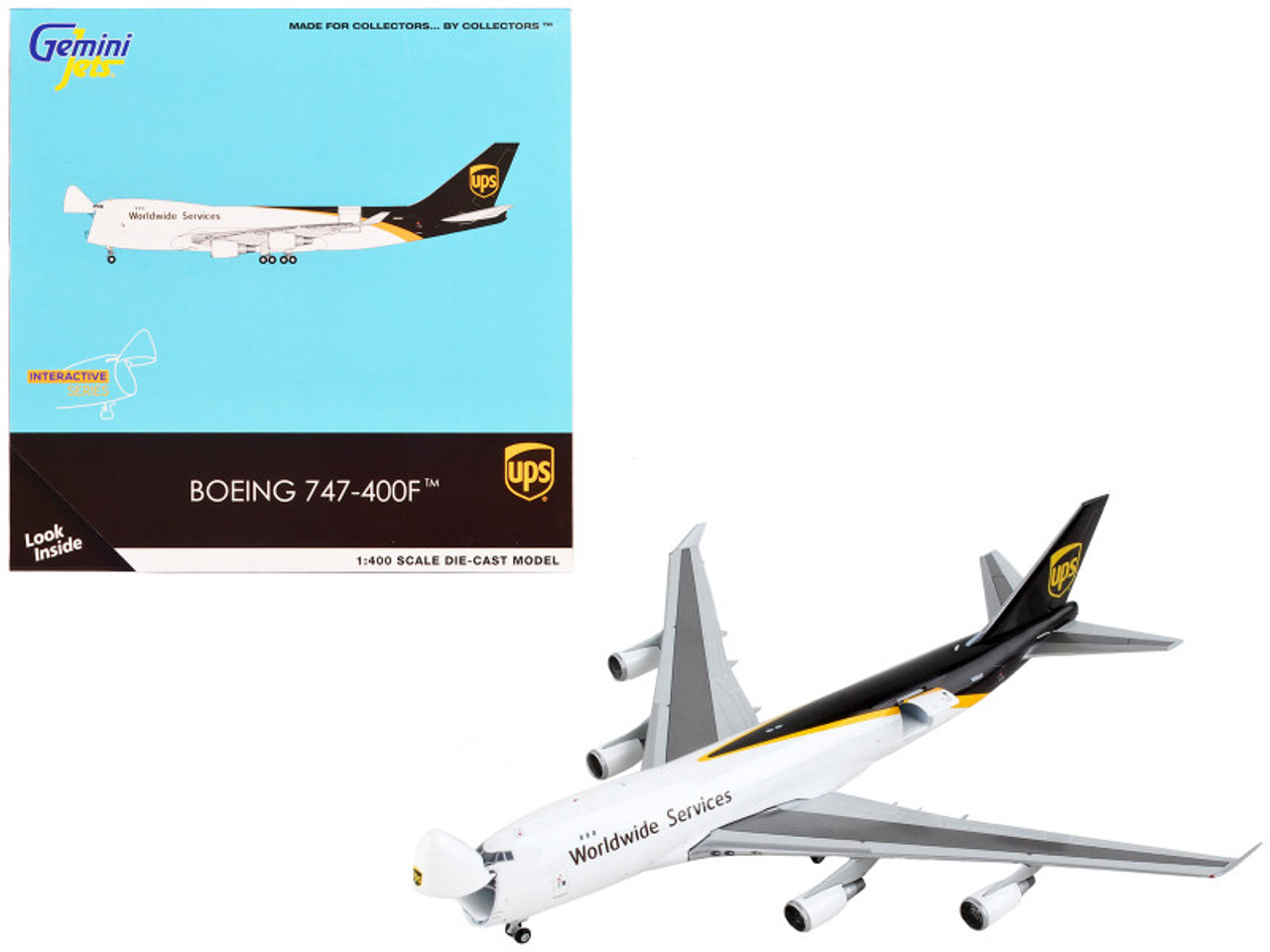 Boeing 747-400F Commercial Aircraft "UPS Worldwide Service" White and Brown "Interactive Series" 1/400 Diecast Model Airplane by GeminiJets