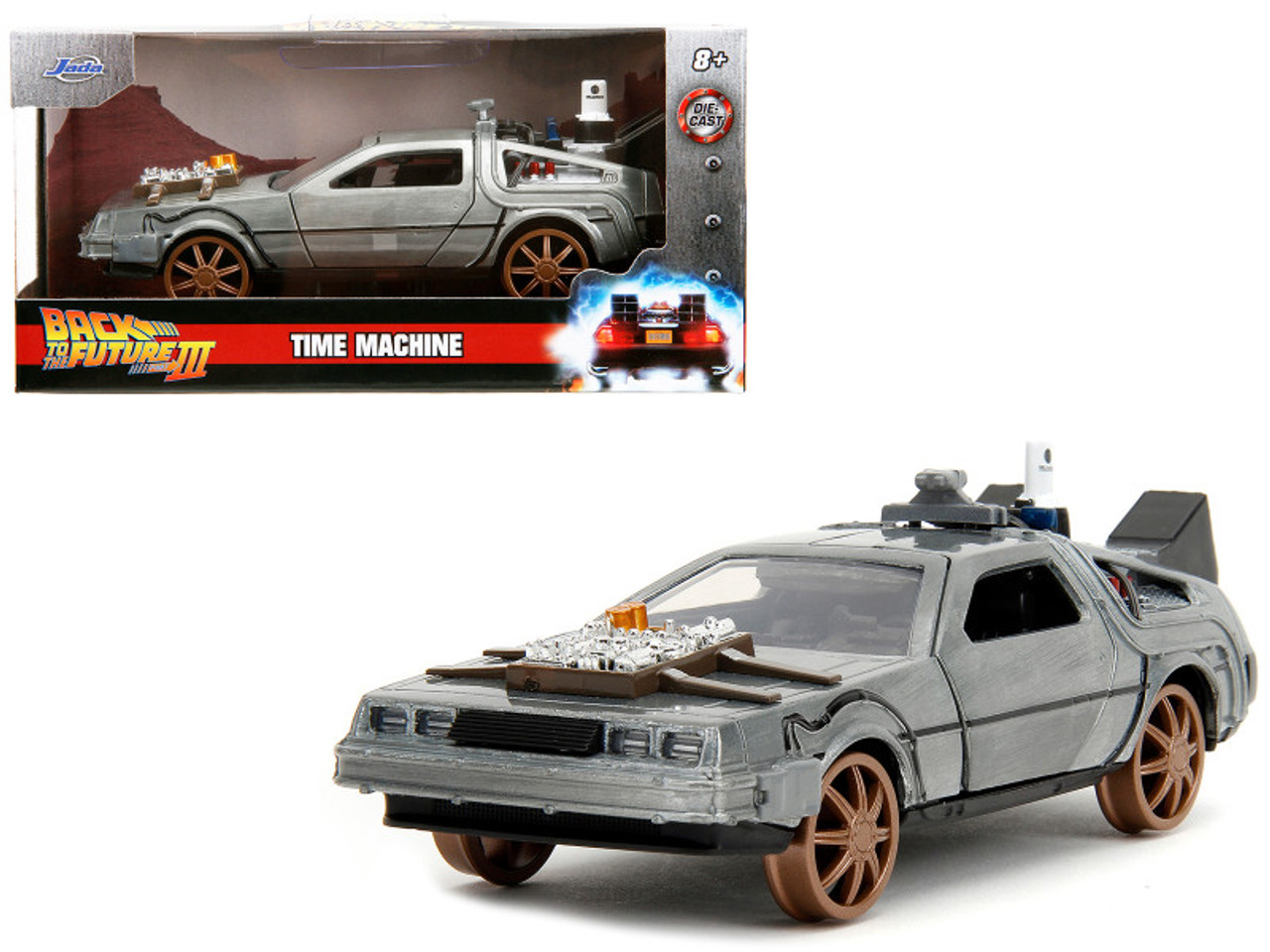 DeLorean DMC (Time Machine) Brushed Metal Train Wheel Version "Back to the Future Part III" (1990) Movie "Hollywood Rides" Series 1/32 Diecast Model Car by Jada
