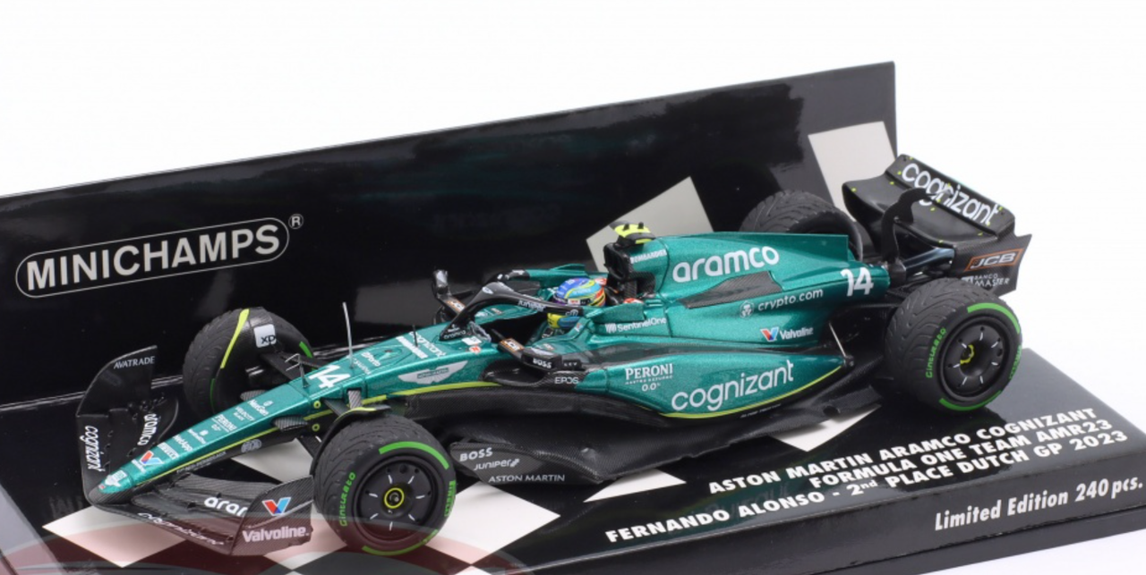 1/43 Minichamps 2023 Formula 1 Aston Martin Aramco Cognizant AMR23 Fernando Alonso Dutch GP 2nd Place Car Model