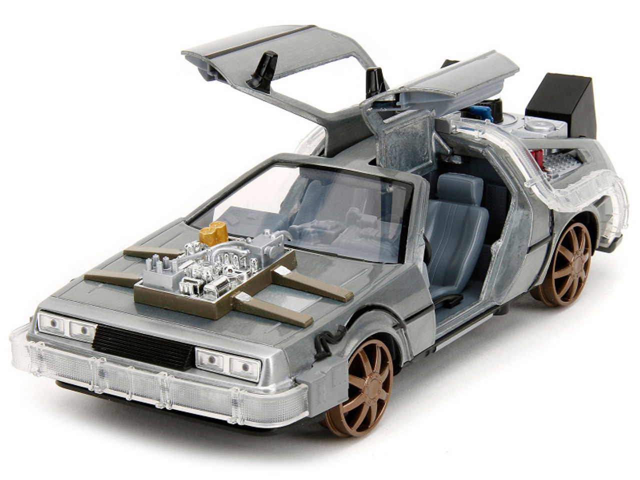 DeLorean Brushed Metal Time Machine (Train Wheel Version) with Lights "Back to the Future Part III" (1990) Movie "Hollywood Rides" Series 1/24 Diecast Model Car by Jada