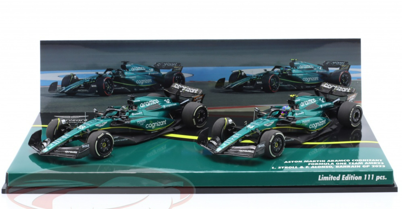 1/43 Minichamps 2023 Formula 1 2-Car Set Alonso #14 & Stroll #18 Bahrain GP Car Model