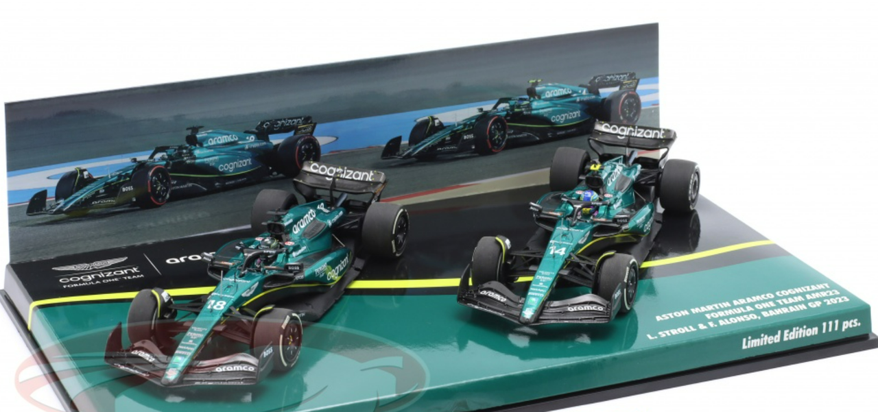 1/43 Minichamps 2023 Formula 1 2-Car Set Alonso #14 & Stroll #18 Bahrain GP Car Model