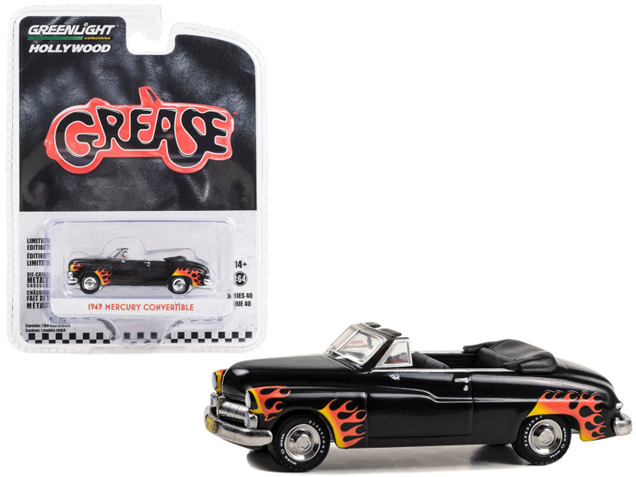 1949 Mercury Convertible Black with Flames "Grease" (1978) Movie "Hollywood Series" Release 40 1/64 Diecast Model Car by Greenlight