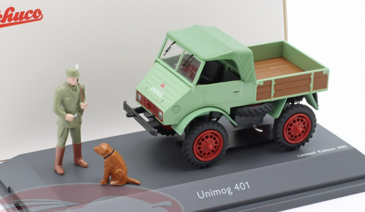 1/43 Schuco Mercedes-Benz Unimog 401 Green with Hunter and Dog