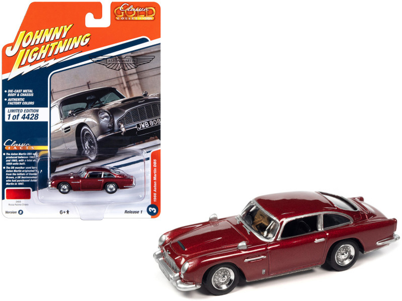 1966 Aston Martin DB5 RHD (Right Hand Drive) Rossa Rubina Chiara Red Metallic "Classic Gold Collection" 2023 Release 1 Limited Edition to 4428 pieces Worldwide 1/64 Diecast Model Car by Johnny Lightning