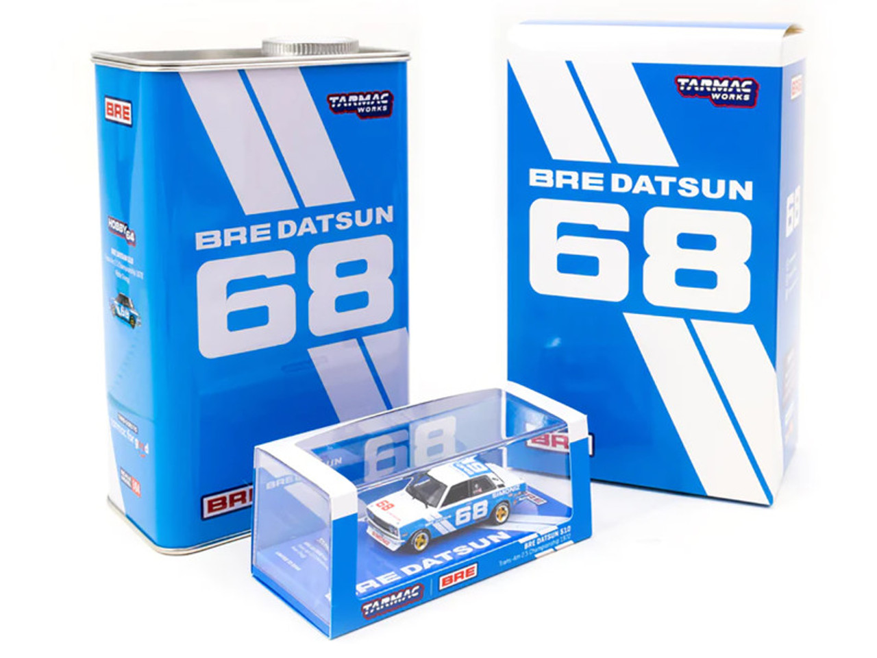 Datsun 510 #68 "BRE" White and Blue "Trans-Am 2.5 Championship" (1972) with METAL OIL CAN 1/64 Diecast Model Car by Tarmac Works