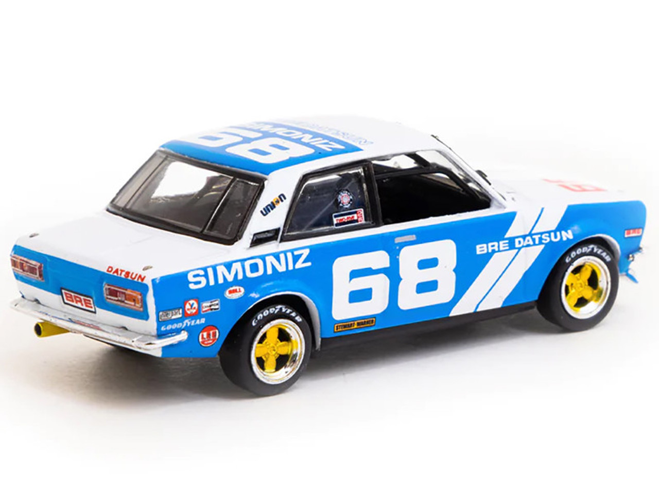 Datsun 510 #68 "BRE" White and Blue "Trans-Am 2.5 Championship" (1972) with METAL OIL CAN 1/64 Diecast Model Car by Tarmac Works