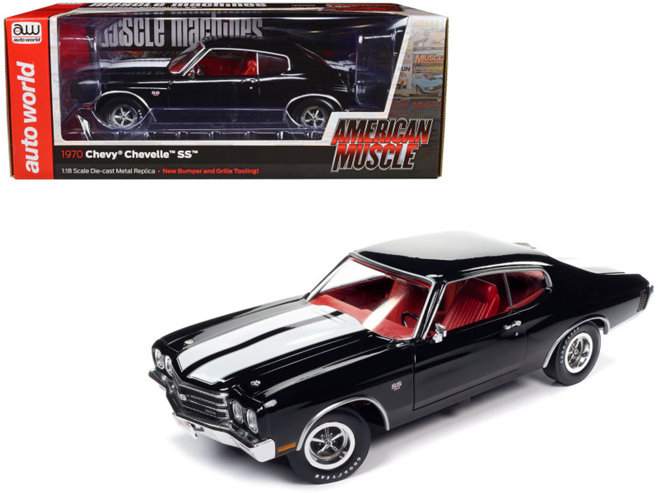 1970 Chevrolet Chevelle SS Tuxedo Black with White Stripes and Red Interior "Hemmings Muscle Machines Magazine Cover Car" (May 2011) "American Muscle" Series 1/18 Diecast Model Car by Auto World
