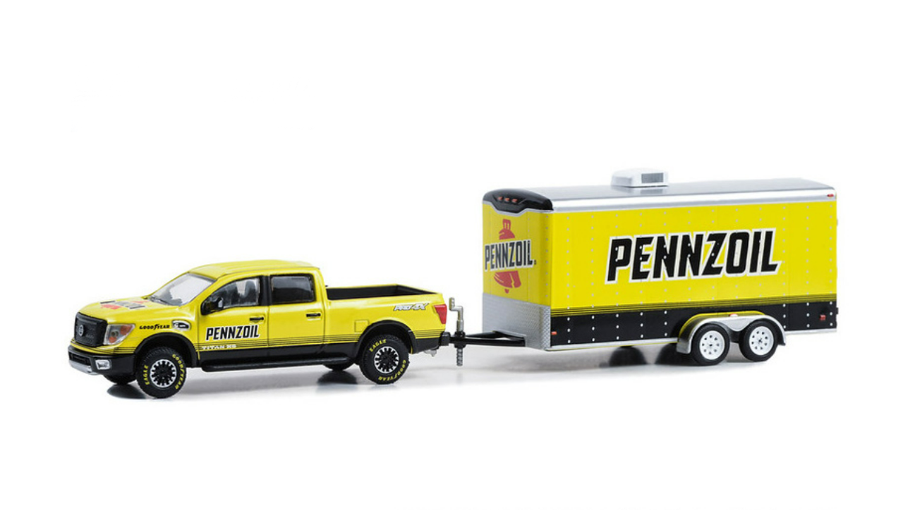 1/64 Greenlight 2018 Nissan Titan XD Pro-4X with Enclosed Car Hauler Pennzoil Diecast Car Model