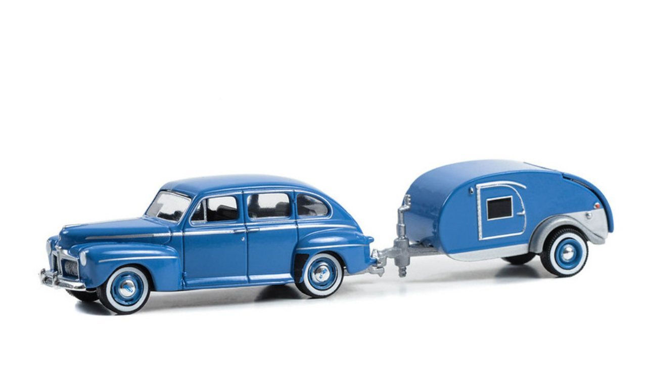 1/64 Greenlight 1942 Ford Fordor Super Deluxe with Tear Drop Trailer  (Florentine Blue) Diecast Car Model