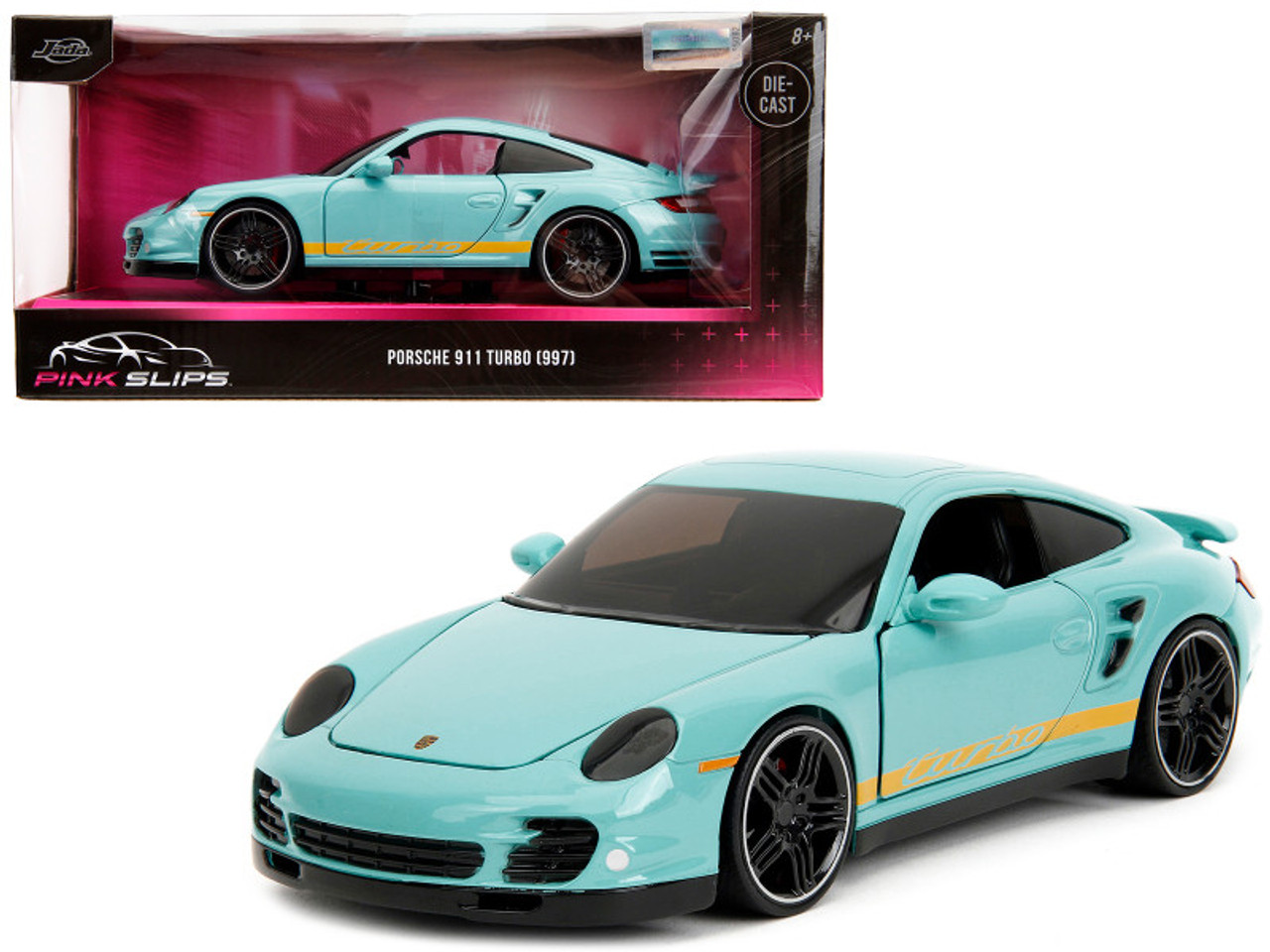 Porsche 911 Turbo (997) Light Blue with Yellow Stripes "Pink Slips" Series 1/24 Diecast Model Car by Jada