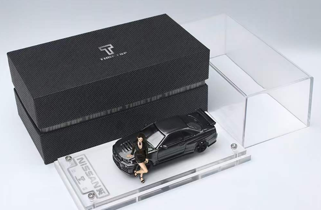 1/64 TimeTop Nissan Skyline GT-R GTR R34 (Carbon Black) Diecast Car Model with Figure