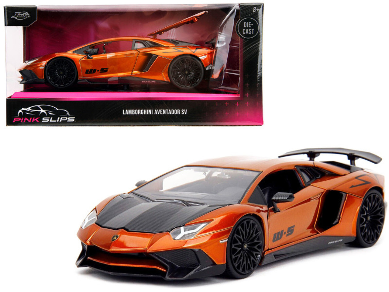 Lamborghini Aventador SV Orange Metallic with Carbon Hood "Pink Slips" Series 1/24 Diecast Model Car by Jada