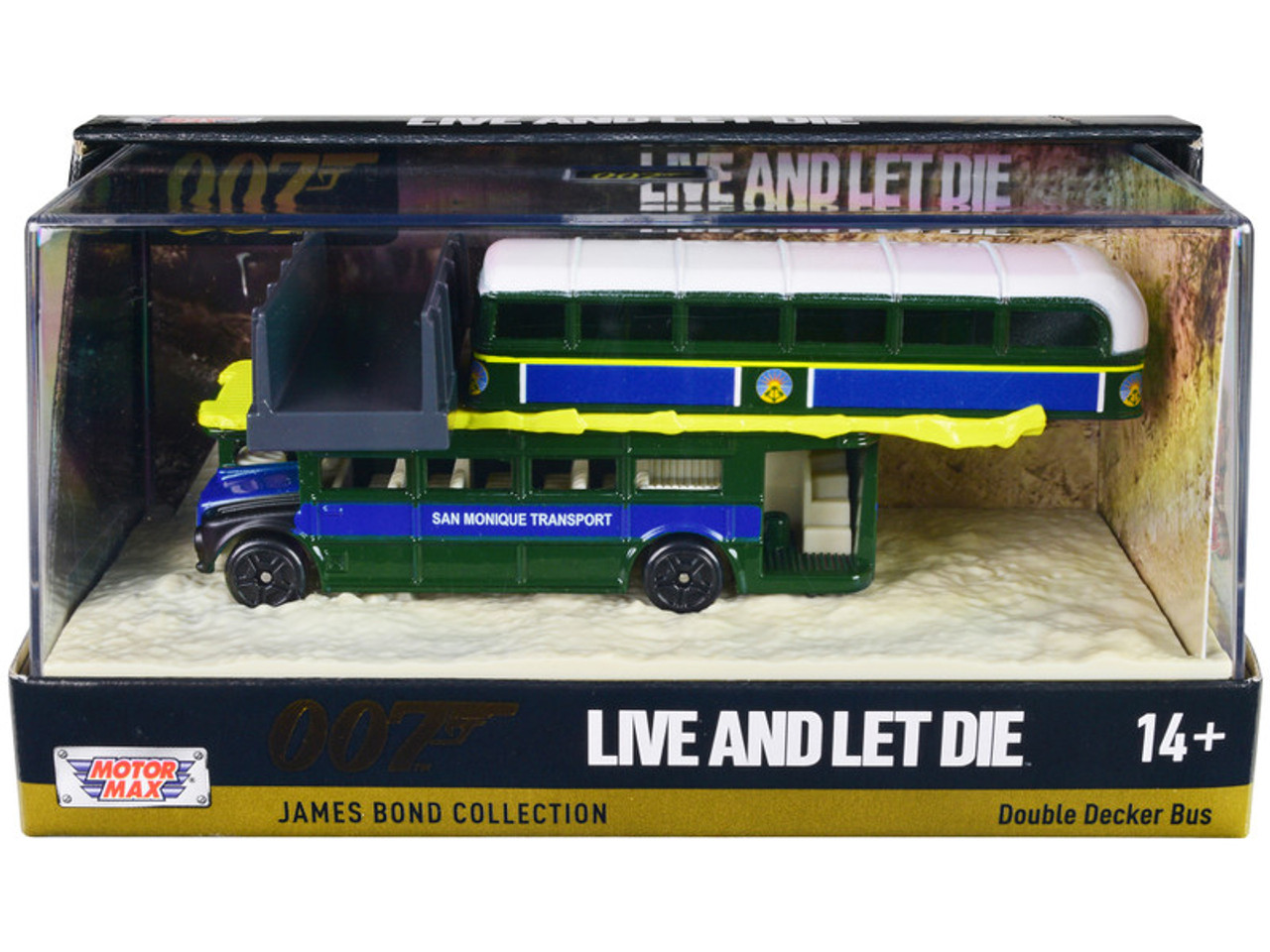 Double Decker Bus "San Monique Transport" "Hitting Bridge Scene" James Bond 007 "Live and Let Die" (1973) Movie with Display "James Bond Collection" Series Diecast Model by Motormax Double Decker Bus "San Monique Transport" "Hitting Bridge Scene" James Bond 007 "Live and Let Die" (1973) Movie with Display "James Bond Collection" Series Diecast Model by Motormax