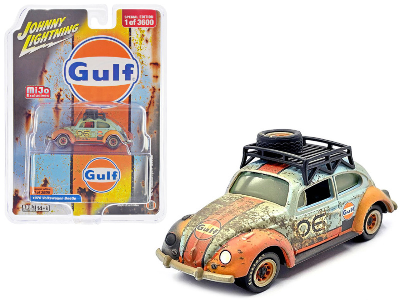 1970 Volkswagen Beetle #06 Light Blue and Orange (Weathered) Gulf Oil  with Roof Rack Limited Edition to 3600 pieces Worldwide 1/64 Diecast Model  Car by Johnny Lightning - LIVECARMODEL.com