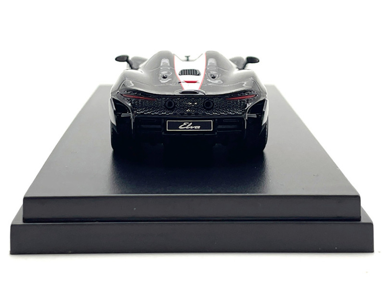 McLaren Elva Convertible #4 Carbon Black with White and Red Stripes 1/64 Diecast Model Car by LCD Models