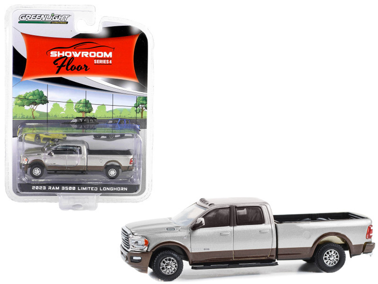 2023 Dodge Ram 3500 Limited Longhorn Pickup Truck Billet Silver Metallic and Walnut Brown Metallic "Showroom Floor" Series 4 1/64 Diecast Model Car by Greenlight