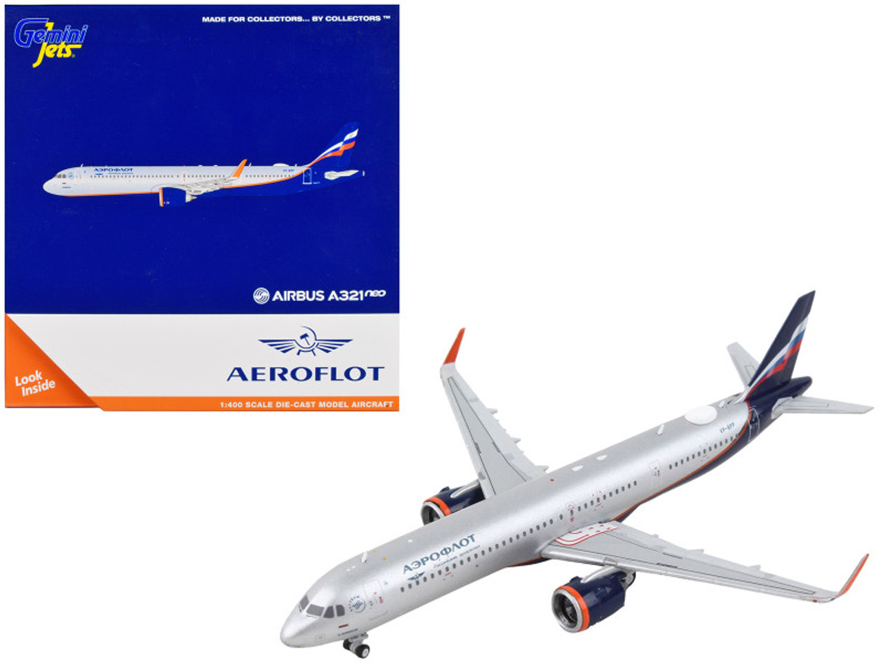 Airbus A321neo Commercial Aircraft "Aeroflot" Silver Metallic with Dark Blue Tail 1/400 Diecast Model Airplane by GeminiJets