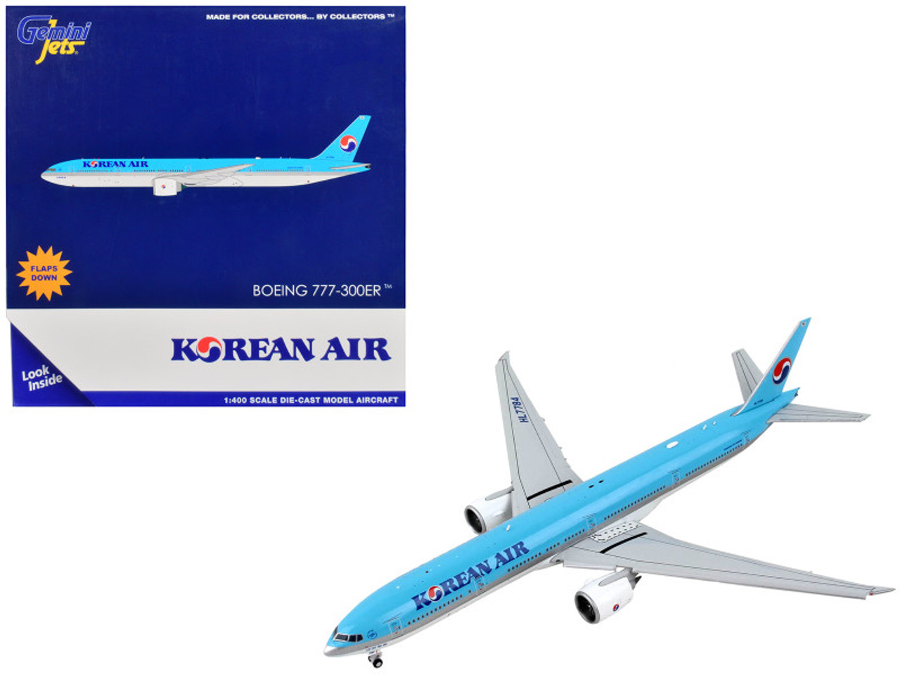 Boeing 777-300ER Commercial Aircraft with Flaps Down "Korean Air" Blue and White 1/400 Diecast Model Airplane by GeminiJets