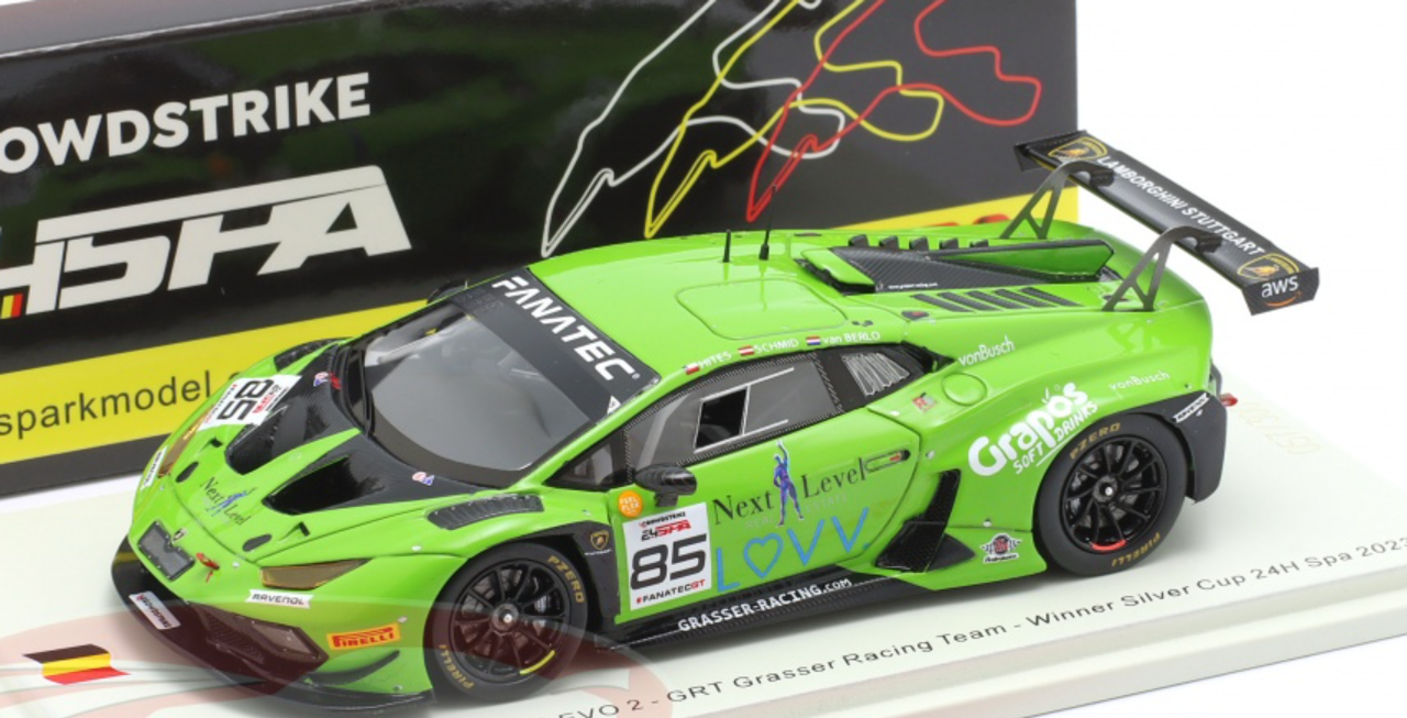 1/43 Spark Lamborghini Huracán GT3 EVO 2 No.85 GRT Grasser Racing Team Winner Silver Cup 24H Spa 2023 C. Schmid - B. Hites - G. van Berlo Car Model