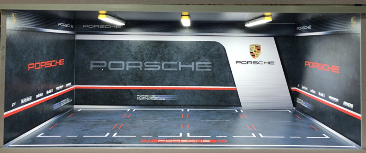 1/18 Porsche Theme 4 Car Garage Parking Scene w/ Lights (car model not included) Red