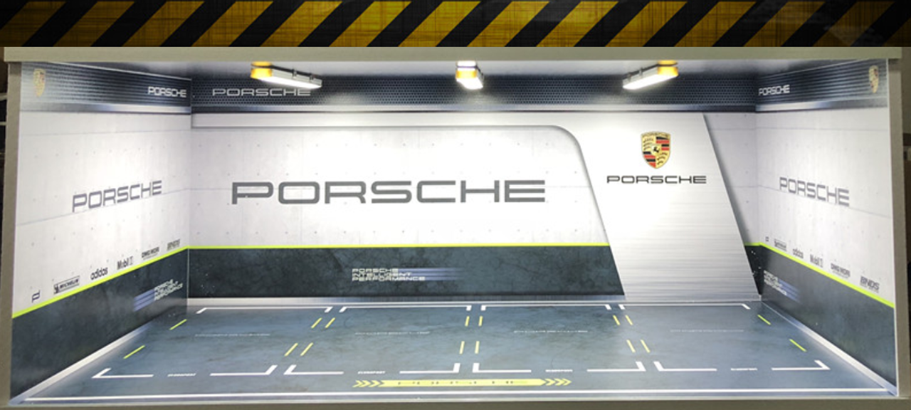 1/18 Porsche Theme 4 Car Garage Parking Scene w/ Lights (car model not included) White