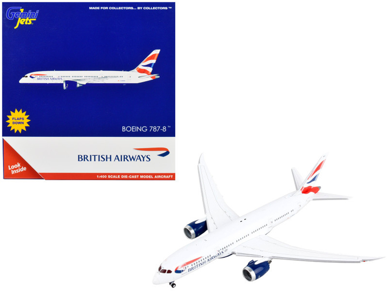 Boeing 787-8 Commercial Aircraft with Flaps Down "British Airways" White with Tail Stripes 1/400 Diecast Model Airplane by GeminiJets
