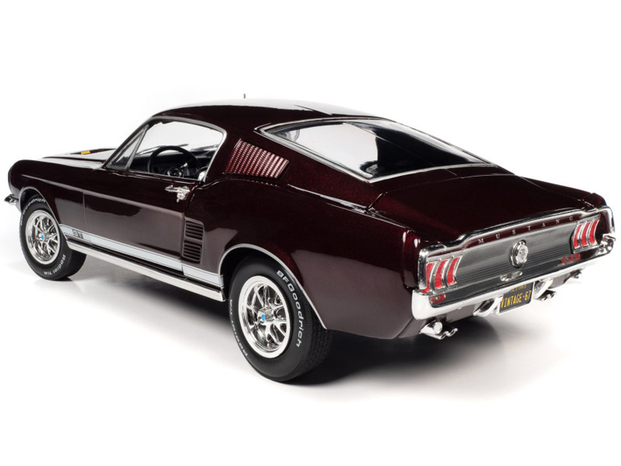 1/18 Auto World 1967 Ford Mustang GT 2+2 Burgundy Metallic with White Side Stripes Diecast Car Model