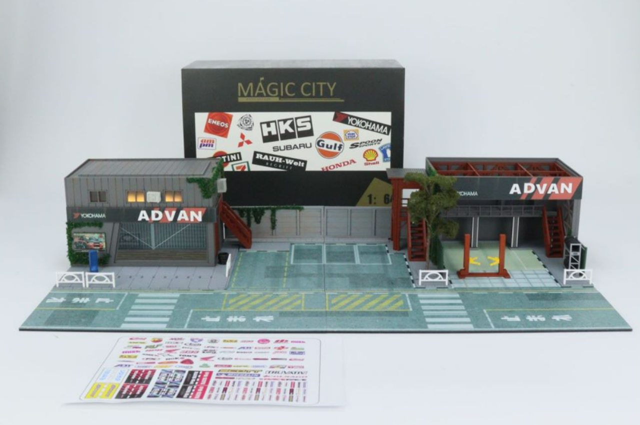 1/64 Magic City Advan Theme Showroom & Repari Shop Diorama with Lights