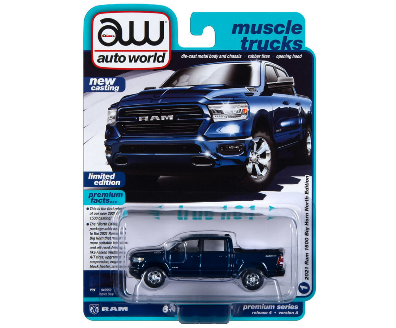 1/64 Auto World 2021 Dodge Ram 1500 Big Horn North Edition (Patriot Blue) Diecast Car Model