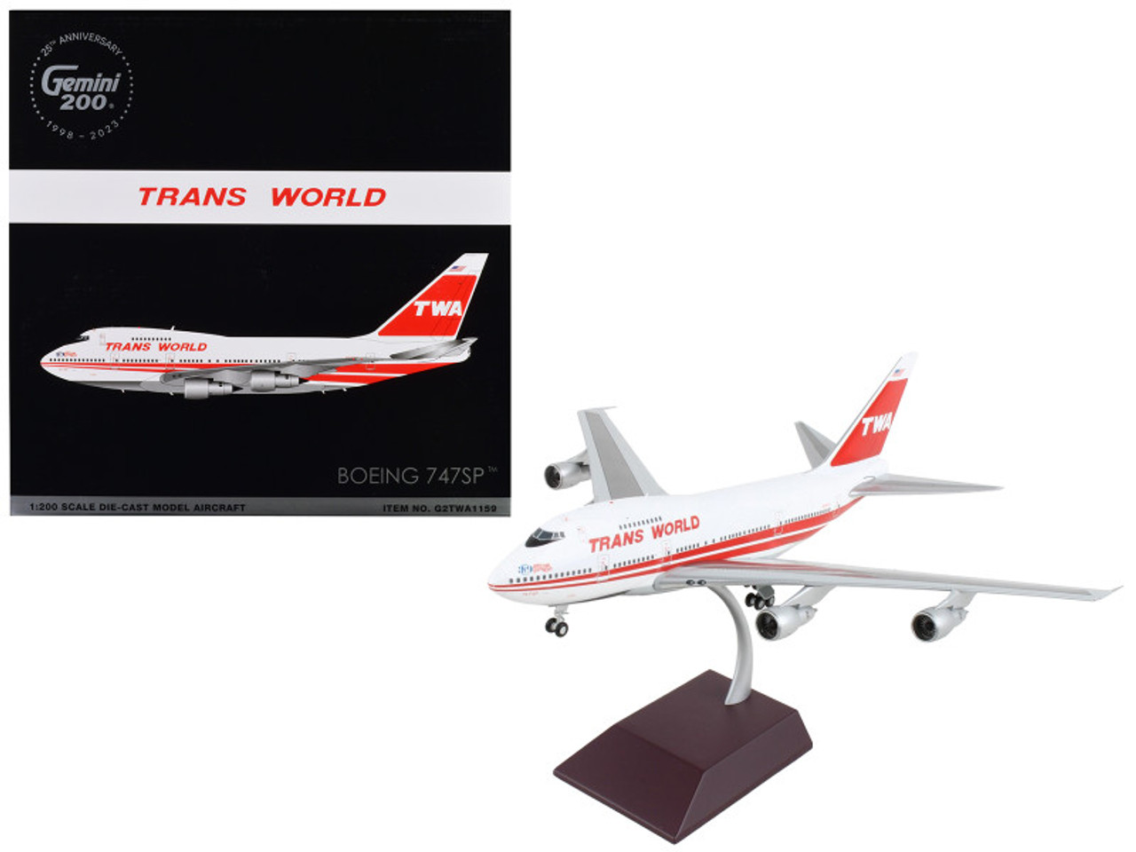 Boeing 747SP Commercial Aircraft "TWA (Trans World Airlines)" White with Red Stripes and Tail "Gemini 200" Series 1/200 Diecast Model Airplane by GeminiJets