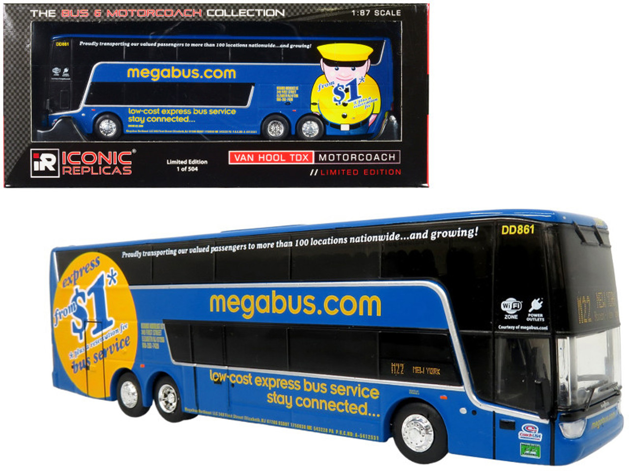 Van Hool TDX Double Decker Coach Bus "Megabus" "M22 Boston to New York" "The Bus & Motorcoach Collection" Limited Edition to 504 pieces Worldwide 1/87 (HO) Diecast Model by Iconic Replicas