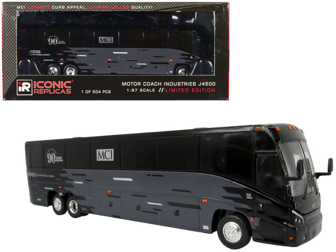 MCI J4500 Coach Bus "MCI 90th Anniversary" Black and Gray "The Bus & Motorcoach Collection" Limited Edition to 504 pieces Worldwide 1/87 (HO) Diecast Model by Iconic Replicas