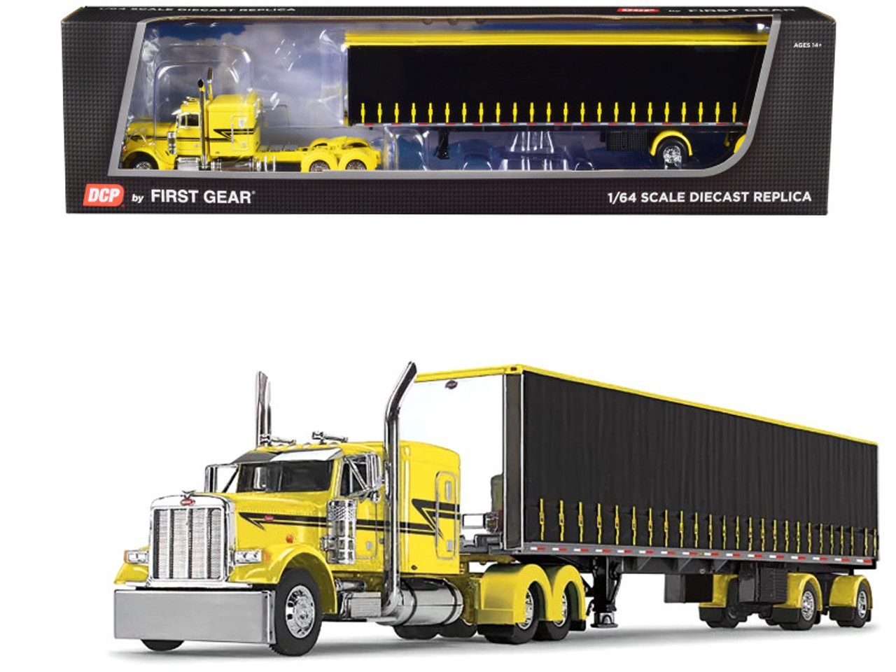 Peterbilt 379 with 63" Flat Top Sleeper and 53' Utility Tautliner Spread-Axle Trailer Yellow and Black 1/64 Diecast Model by DCP/First Gear